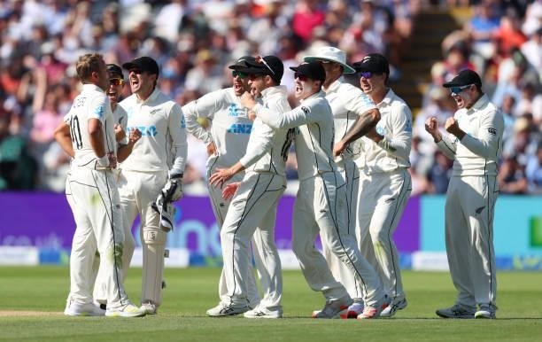 New Zealand bowler Neil Wagner looks on as his team mates celebrate the wicket of England batsman Ollie Pope after a review during day three of the...