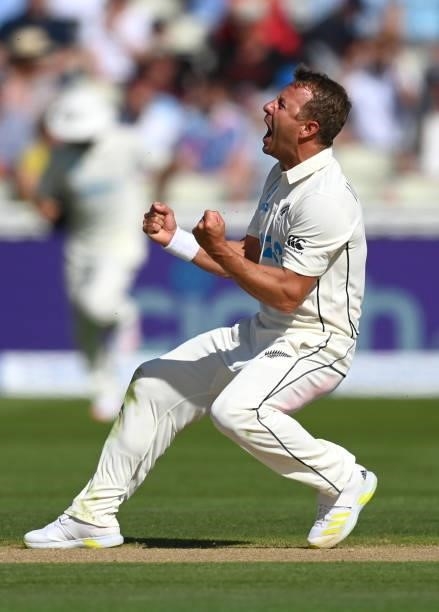 New Zealand bowler Neil Wagner celebrates after taking the wicket of England batsman Ollie Pope after review during day three of the second LV=...