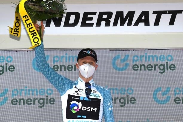 Andreas Leknessund of Norway and Team DSM white best young jersey celebrates at podium during the 84th Tour de Suisse 2021, Stage 7 a 23,2km...
