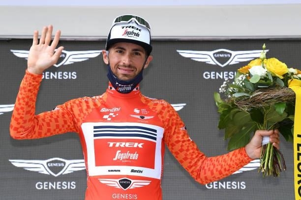 Antonio Nibali of Italy and Team Trek - Segafredo Orange Mountain Jersey celebrates at podium during the 84th Tour de Suisse 2021, Stage 7 a 23,2km...