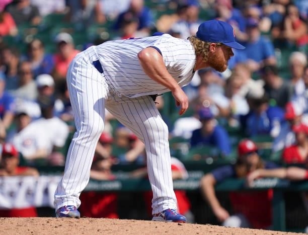 Craig Kimbrel of the Chicago Cubs throws a pitch during the ninth inning of a game against the St. Louis Cardinals at Wrigley Field on June 11, 2021...