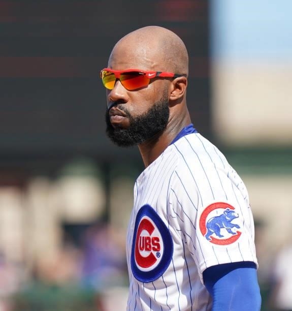 Jason Heyward of the Chicago Cubs stands on the field at the end of the eighth against the St. Louis Cardinals at Wrigley Field on June 11, 2021 in...