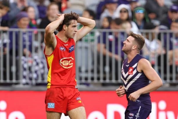Ben King of the Suns looks on after missing a shot on goal during the round 13 AFL match between the Fremantle Dockers and the Gold Coast Suns at...