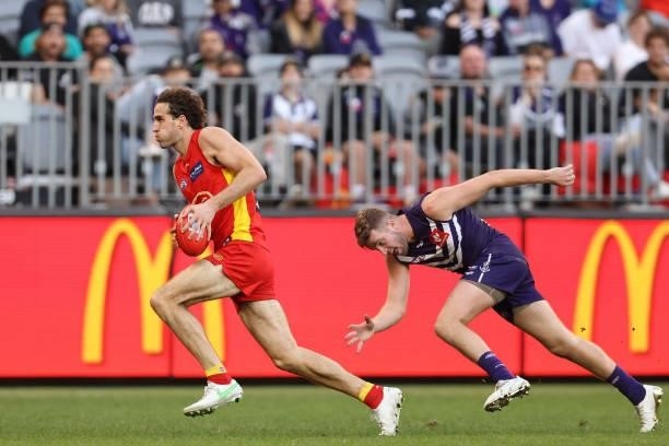 Ben King of the Suns in action during the round 13 AFL match between the Fremantle Dockers and the Gold Coast Suns at Optus Stadium on June 12, 2021...