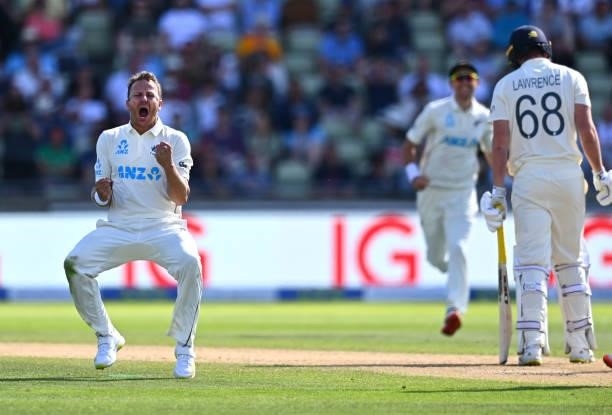 New Zealand bowler Neil Wagner celebrates after taking the wicket of England batsman Dan Lawrence during day three of the second LV= Insurance Test...