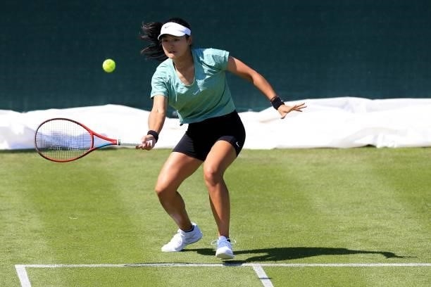 Yafan Wang of China in action against Valeria Savinykh of Russia in qualifying during the Viking Classic Birmingham at Edgbaston Priory Club on June...