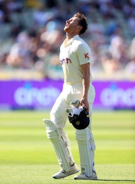 England batsman James Bracey leaves the field dejectedly after being dismissed for 8 runs during day three of the second LV= Insurance Test Match...