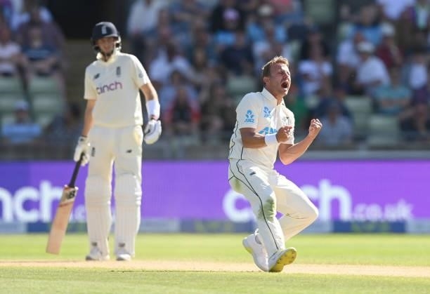 Neil Wagner of New Zealand celebrates after dismissing Ollie Pope of England during the third day of the second LV= Test Match between England and...