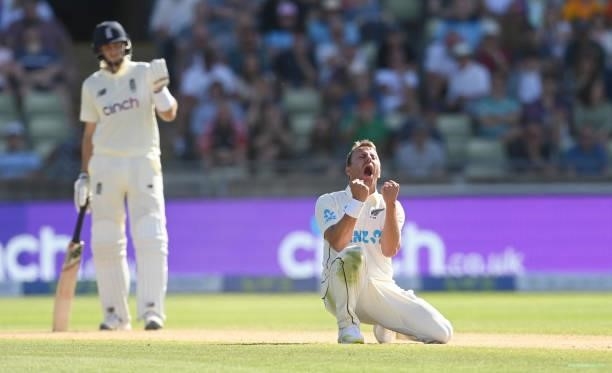 Neil Wagner of New Zealand celebrates after dismissing Ollie Pope of England during the third day of the second LV= Test Match between England and...