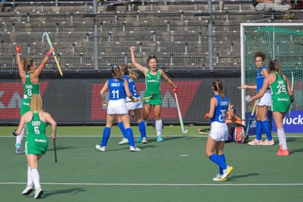 Anna O'Flanagan of Ireland celebrates after scoring her teams second goal during the Euro Hockey Championships match between Ireland and Italy at...