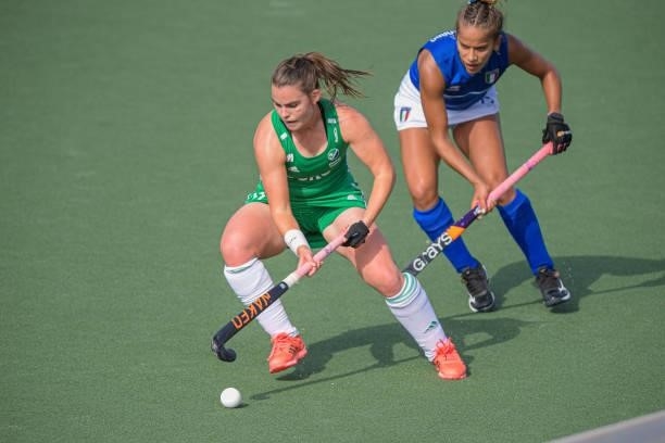 Elizabeth Colvin of Ireland, Eleonora di Mauro of Italy during the Euro Hockey Championships match between Ireland and Italy at Wagener Stadion on...
