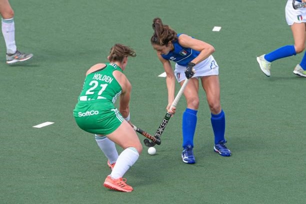 Elizabeth Colvin of Ireland, Lara Oviedo of Italy during the Euro Hockey Championships match between Ireland and Italy at Wagener Stadion on June 12,...