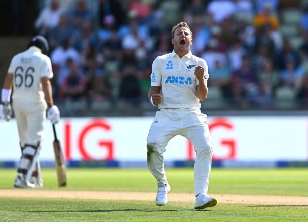 New Zealand bowler Neil Wagner celebrates after taking the wicket of England batsman Ollie Pope after review during day three of the second LV=...