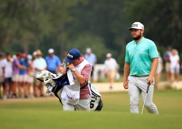 Tyrrell Hatton of England walks up the first hole during the third round of the Palmetto Championship at Congaree on June 12, 2021 in Ridgeland,...