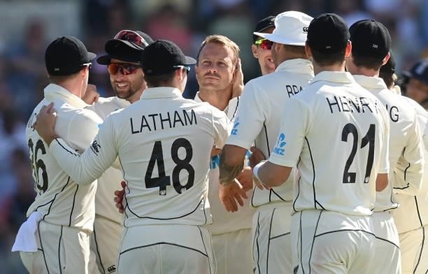 Neil Wagner of New Zealand celebrates after dismissing Dan Lawrence of England during the third day of the second LV= Test Match between England and...