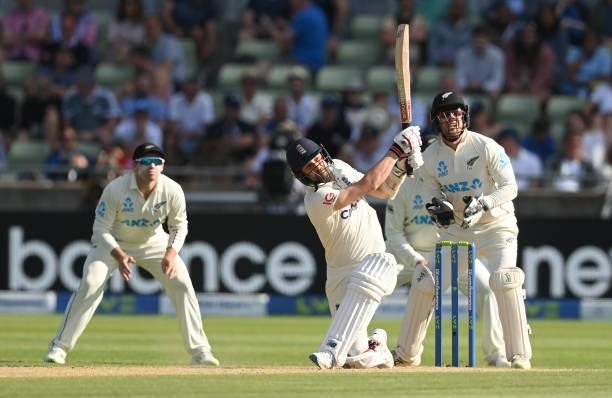 Mark Wood of England hits a six during the third day of the second LV= Test Match between England and New Zealand at Edgbaston on June 12, 2021 in...