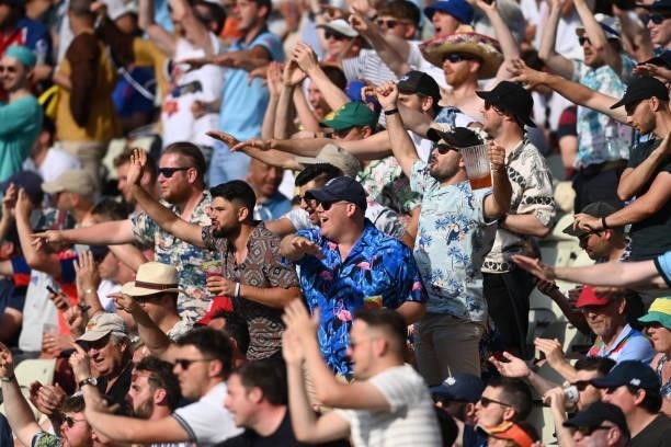 Spectators signal a four during day three of the second LV= Insurance Test Match between England and New Zealand at Edgbaston on June 12, 2021 in...