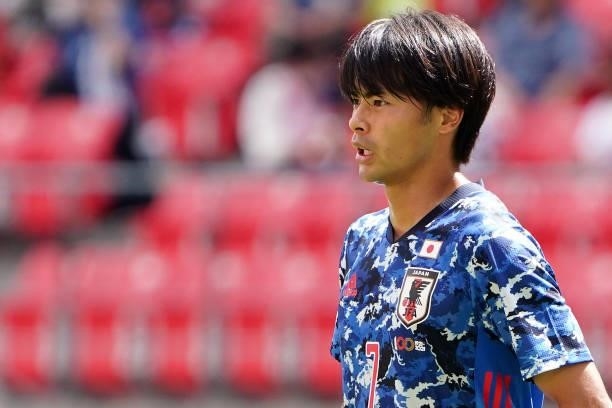 Kaoru Mitoma of Japan U-24 looks on during the U-24 international friendly match between Japan and Jamaica at the Toyota Stadium on June 12, 2021 in...