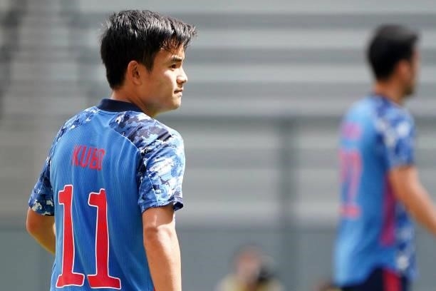 Takefusa Kubo of Japan U-24 looks on during the U-24 international friendly match between Japan and Jamaica at the Toyota Stadium on June 12, 2021 in...