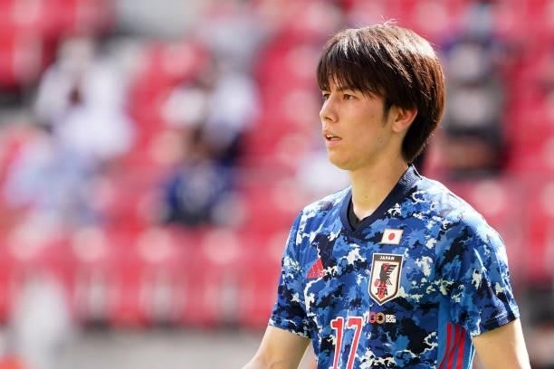 Ao Tanaka looks on during the U-24 international friendly match between Japan and Jamaica at the Toyota Stadium on June 12, 2021 in Toyota, Aichi,...