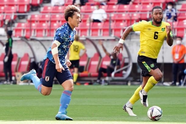 Ayase Ueda of Japan U-24 in action during the U-24 international friendly match between Japan and Jamaica at the Toyota Stadium on June 12, 2021 in...