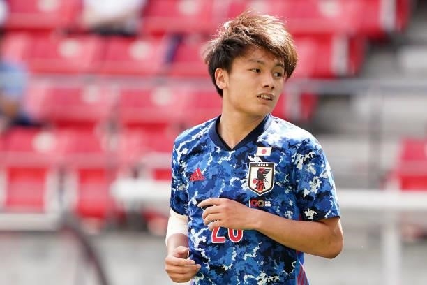 Ayase Ueda looks on during the U-24 international friendly match between Japan and Jamaica at the Toyota Stadium on June 12, 2021 in Toyota, Aichi,...