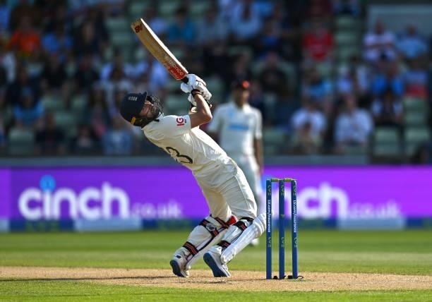 England batsman Mark Wood in batting action during day three of the second LV= Insurance Test Match between England and New Zealand at Edgbaston on...