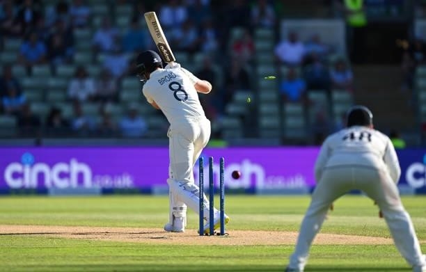 England batsman Stuart Broad is bowled by Trent Boult for 1 run during day three of the second LV= Insurance Test Match between England and New...