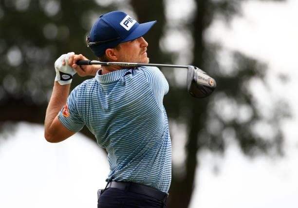 Austin Cook plays his shot from the second tee during the third round of the Palmetto Championship at Congaree on June 12, 2021 in Ridgeland, South...