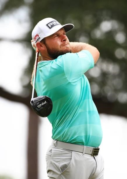 Tyrrell Hatton of England plays his shot from the second tee during the third round of the Palmetto Championship at Congaree on June 12, 2021 in...