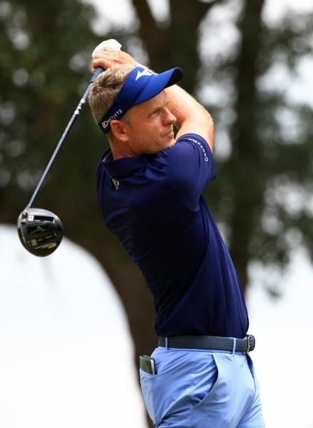 Luke Donald of England plays his shot from the second tee during the third round of the Palmetto Championship at Congaree on June 12, 2021 in...