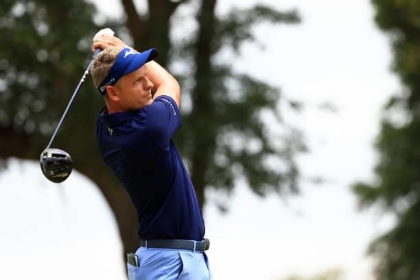 Luke Donald of England plays his shot from the second tee during the third round of the Palmetto Championship at Congaree on June 12, 2021 in...