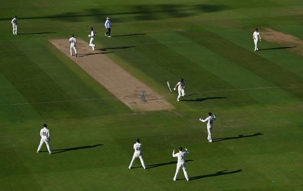 England batsman Olly Stone looses his bat as he completes a run during day three of the second LV= Insurance Test Match between England and New...