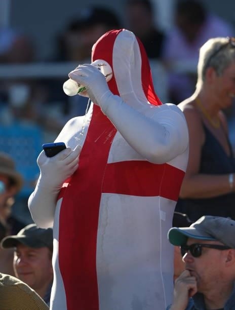 Man in fancy dress tries to drink through his outfit and fails during the third day of the second LV= Test Match between England and New Zealand at...
