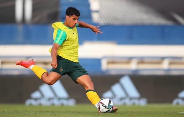 Daniel Arzani of Australia warms up prior to a International Friendly match between Mexico and Australia at Marbella Municipal Stadium on June 12,...