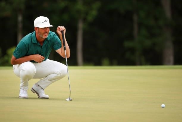 Scott Piercy lines up a putt on the 11th green during the third round of the Palmetto Championship at Congaree on June 12, 2021 in Ridgeland, South...