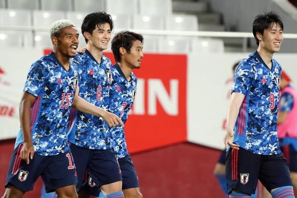 Japan celebrates during the international friendly match between Japan and Serbia at Noevir Stadium Kobe on June 11, 2021 in Kobe, Aichi, Japan.
