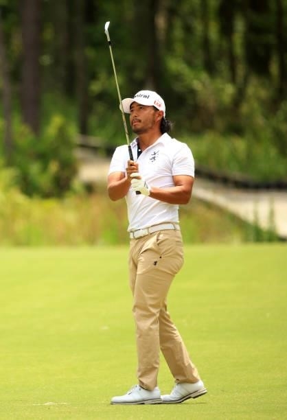 Satoshi Kodaira of Japan plays his shot on the 11th hole during the third round of the Palmetto Championship at Congaree on June 12, 2021 in...