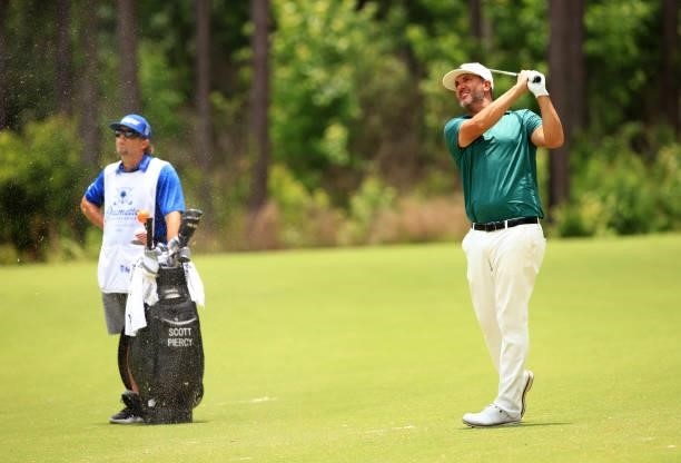 Scott Piercy plays his shot on the 11th hole during the third round of the Palmetto Championship at Congaree on June 12, 2021 in Ridgeland, South...