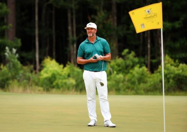 Scott Piercy prepares to putt on the 11th green during the third round of the Palmetto Championship at Congaree on June 12, 2021 in Ridgeland, South...