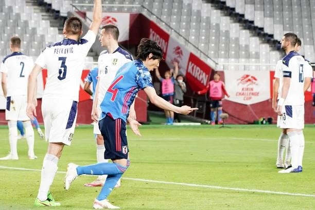 Junya Ito of Japan celebrates scoring his side's first goal during the international friendly match between Japan and Serbia at Noevir Stadium Kobe...