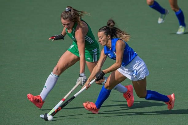 Deirdre Duke of Ireland, Luciana Fernandez of Italy during the Euro Hockey Championships match between Ireland and Italy at Wagener Stadion on June...
