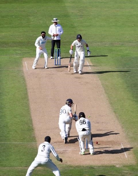 England batsman James Bracey is bowled by Ajaz Patel for 8 runs during day three of the second LV= Insurance Test Match between England and New...