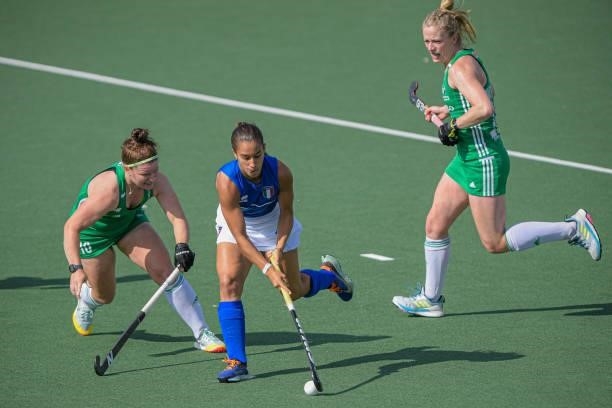Shirley McCay of Ireland, Agueda Moroni of Italy during the Euro Hockey Championships match between Ireland and Italy at Wagener Stadion on June 12,...