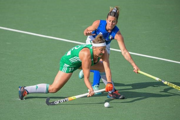Elena Tice of Ireland, Pilar de Biase of Italy during the Euro Hockey Championships match between Ireland and Italy at Wagener Stadion on June 12,...
