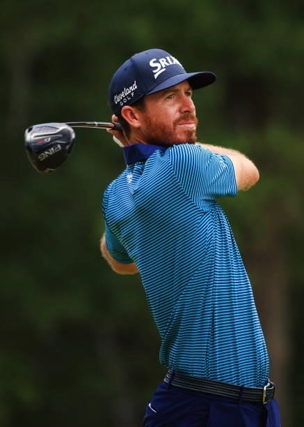 Sam Ryder plays his shot from the 12th tee during the third round of the Palmetto Championship at Congaree on June 12, 2021 in Ridgeland, South...