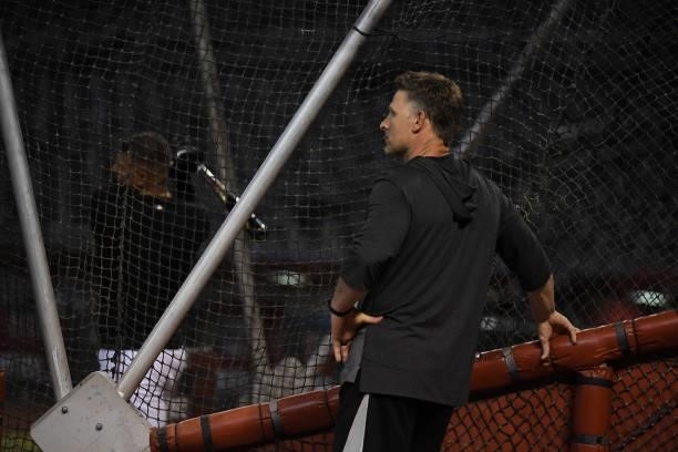Co-Hitting coach Rick Short of the Arizona Diamondbacks watches batting practice prior to a game against the Los Angeles Angels at Chase Field on...