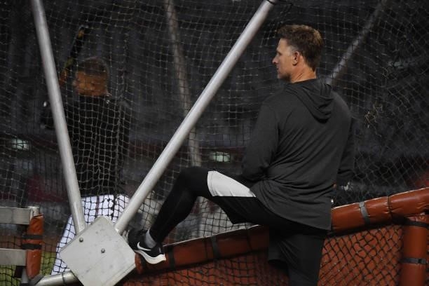 Co-Hitting coach Rick Short of the Arizona Diamondbacks watches batting practice prior to a game against the Los Angeles Angels at Chase Field on...