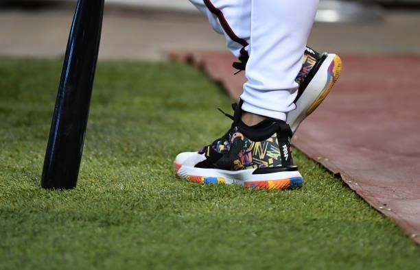 Detail of the shoes of Eduardo Escobar of the Arizona Diamondbacks during batting practice prior to a game against the Los Angeles Angels at Chase...