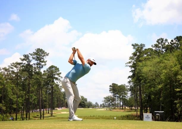 Dustin Johnson plays his shot from the second tee during the third round of the Palmetto Championship at Congaree on June 12, 2021 in Ridgeland,...